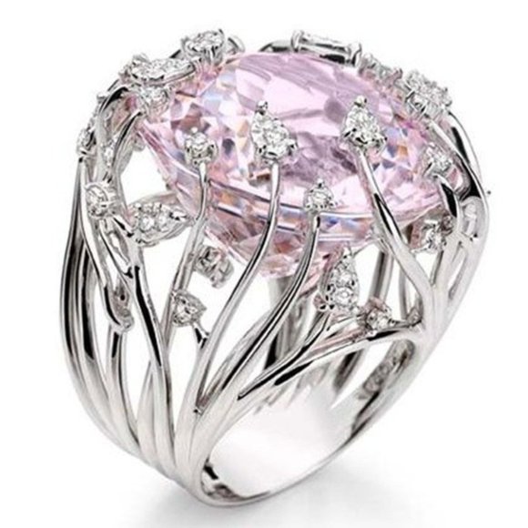 Jewelry - 💞925 Silver Plated Hollow Pink Flower Engagement Ring, GPMB1546